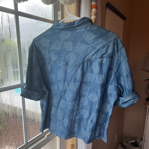 Scotch & Soda Denim Indigo Star Button Up Puff Sleeve Collared Top - Picture 2 of 7